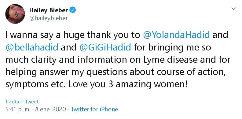 "
<b>Quiero agradecer enormemente </b>a Yolanda Hadid, Bella Hadid y Gigi Hadid por brindarme tanta claridad e información sobre la enfermedad de Lyme".
<br>