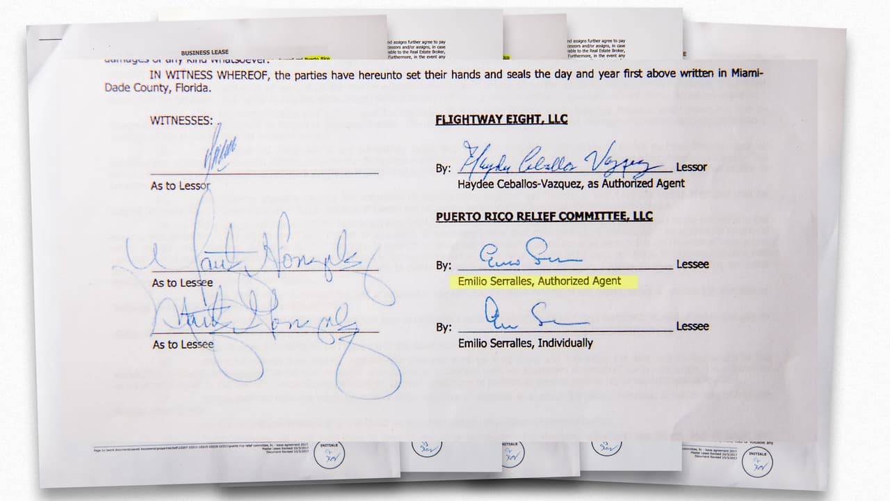 El documento fue firmado el 3 de octubre de 2017 por ‘Emilio Serrallés’, el impostor, en representación del ‘Puerto Rico Relief Commitee’, y Haydee Ceballos-Vázquez, agente autorizada de Flightway Eight LLC.