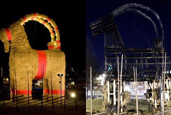 Esta imagen combinada nos muestra el antes y después de la famosa cabra de Navidad, luego de que se quemara en Gaevle, Suecia.