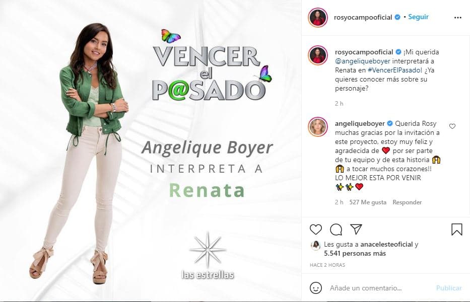 La productora usó Instagram para revelar: "¡Mi querida, Angelique Boyer 
<b>interpretará a Renata Sánchez Vidal en Vencer el pasado</b>! ¿Ya quieres conocer más sobre su personaje?".