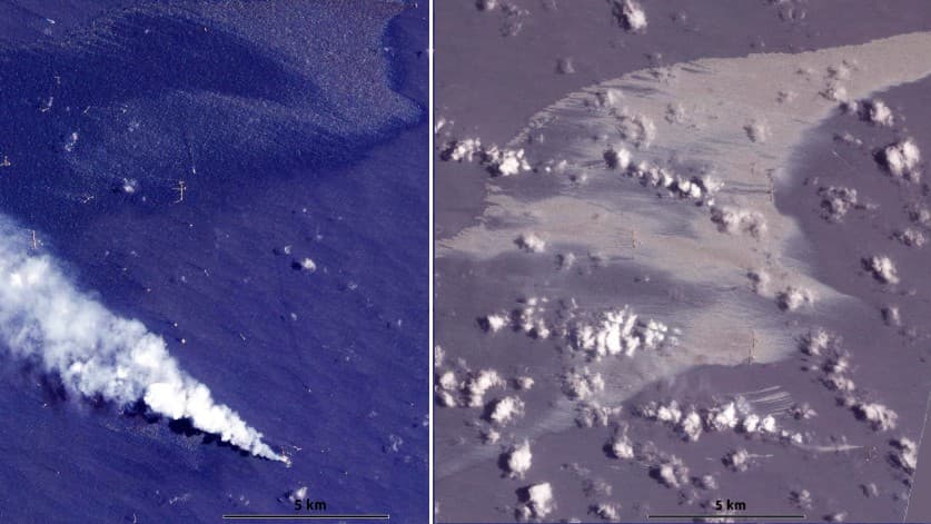 A la izquierda, imagen satelital del incendio de la plataforma Nohoch-A, la cual forma parte del complejo Cantarell, del 7 de julio. A la derecha, la extensión del derrame de crudo hasta el 12 de julio de 2023.