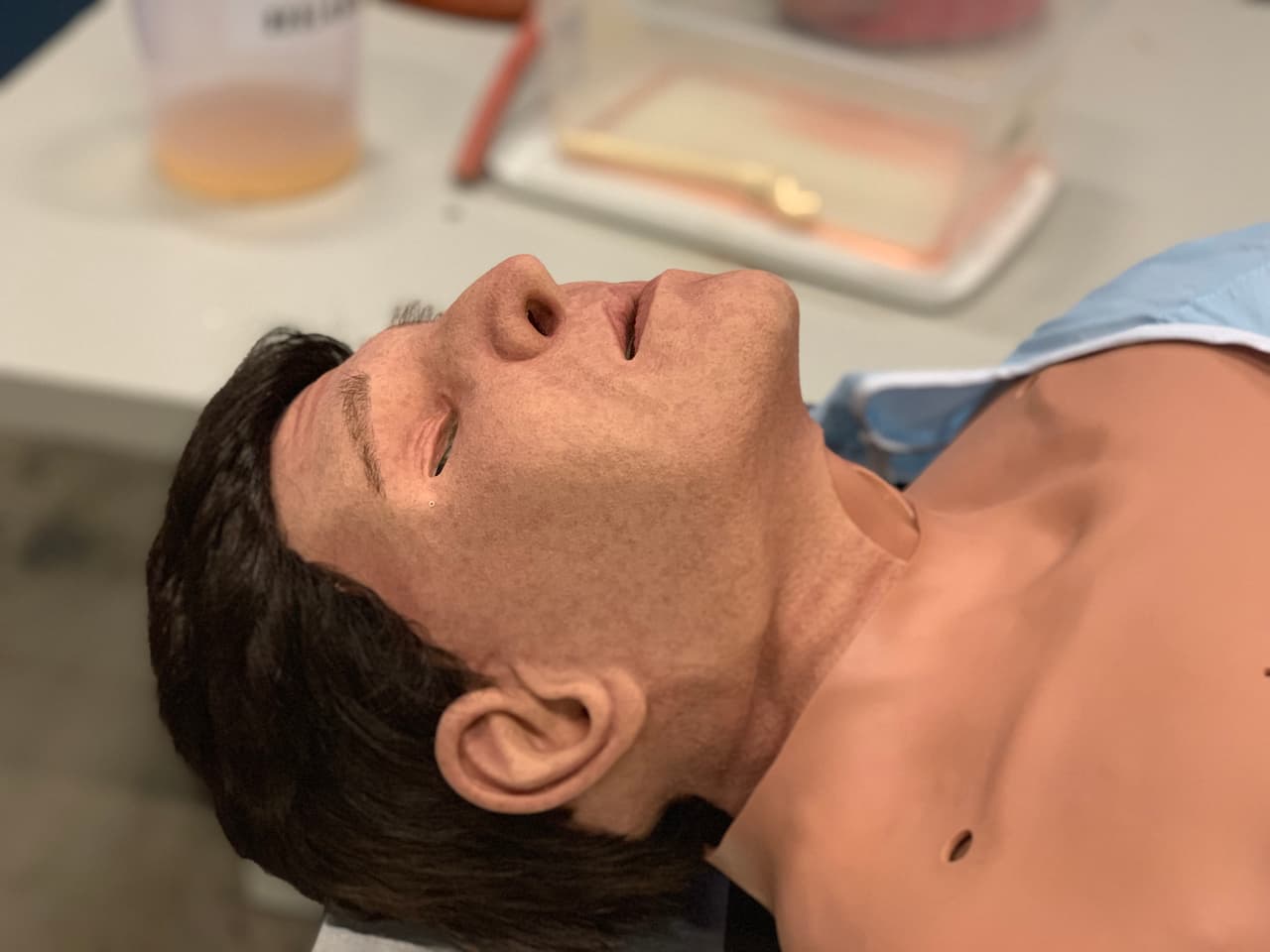 Este cadáver sintético está conectado a una computadora la cual detecta la información más importante del cuerpo como lo es la temperatura corporal y su capacidad pulmonar entre otras cosas.