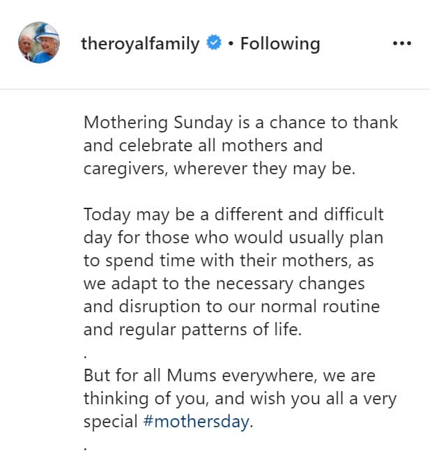 Desde su cuarentena, la reina también envió un mensaje de felicitación a las madres a través de la cuenta oficial de la familia real británica. "El Día de las Madres es una oportunidad para agradecer y celebrar a todas las madres y cuidadoras, estén donde estén. Hoy 
<b><a href="https://www.univision.com/shows/despierta-america/ni-la-realeza-se-salva-la-reina-isabel-en-cuarentena-y-el-principe-alberto-de-monaco-dio-positivo-a-coronavirus-video" target="_blank">puede ser un día diferente y difícil</a></b> para aquellos que generalmente planean pasar tiempo con sus madres, ya que nos adaptamos a los cambios necesarios y la interrupción de nuestra rutina normal y patrones de vida regulares. Pero para todas las mamás en todas partes, estamos pensando en ustedes y les deseamos a todos un Día de las Madres muy especial".
<br>