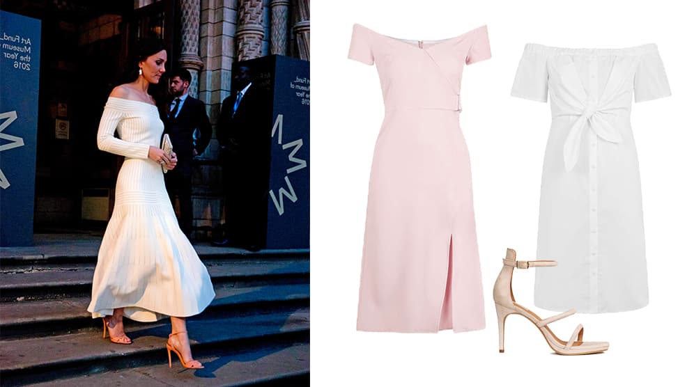 No todas podemos pagar cuatro cifras por un modelo como el de 
<a href="https://www.net-a-porter.com/mx/en/product/683422/barbara_casasola/off-the-shoulder-mesh-paneled-stretch-jersey-dress">Barbara Casasola</a> que usó Kate para el premio Art Fund Museum of the Year 2016 del Victoria and Albert Museum, pero la buena noticia es que las tiendas masivas están llenas de vestidos de un solo tono con los hombros descubiertos.
<br>
<b>LOOK 1</b>
<br>
<a href="http://www.hm.com/us/product/57129?article=57129-C">Vestido en popelina, $80; H&M.</a>
<br>Zapatos en piel, $59.99; H&M
<br>
<a href="http://us.topshop.com/en/tsus/product/clothing-70483/dresses-70497/oicld-shldr-midi-5794240?bi=0&ps=200">Vestido en poliéster, $50; Topshop</a>
<br>
