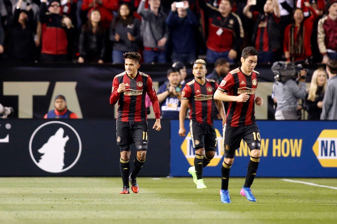 Mar 5, 2017; Atlanta, GA, USA; Atlanta United midfielder Yamil Asad (11) celebrates after a goal against the New York Red Bulls in the first half at Bobby Dodd Stadium at Historic Grant Field. Mandatory Credit: Brett Davis-USA TODAY Sports