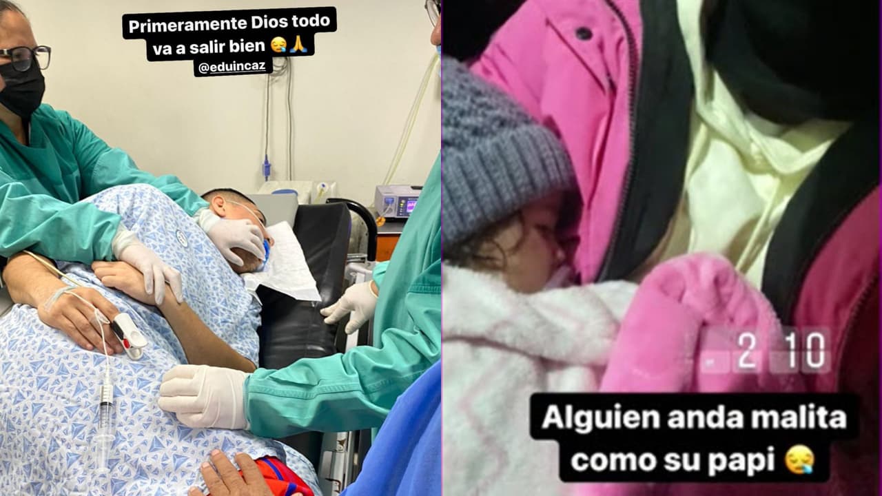 A la izquierda, la foto que publicó la esposa de Eduin Caz que ha despertado alarmas. Horas antes, el cantante dijo que su hija estaba "malita" al igual que él.