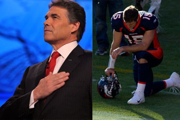 2. Perry se comparó con el quarterback de los Broncos de Denver, Tim Tebow, quien reza de rodillas cada vez que su equipo anota un touchdown y viste camisetas con mensajes bíblicos en los juegos. "Hay mucha gente que dijo que Tim Tebow no iba a ser un buen jugador", dijo Perry a; final del debate en Iowa. "Hubo mucha gente que dijo que él no tiene el mecanismo adecuado para lanzar (la pelota), o que él, uds. saben, no está jugando bien. Saben, él ganó dos campeonatos y eso se vio muy bien".