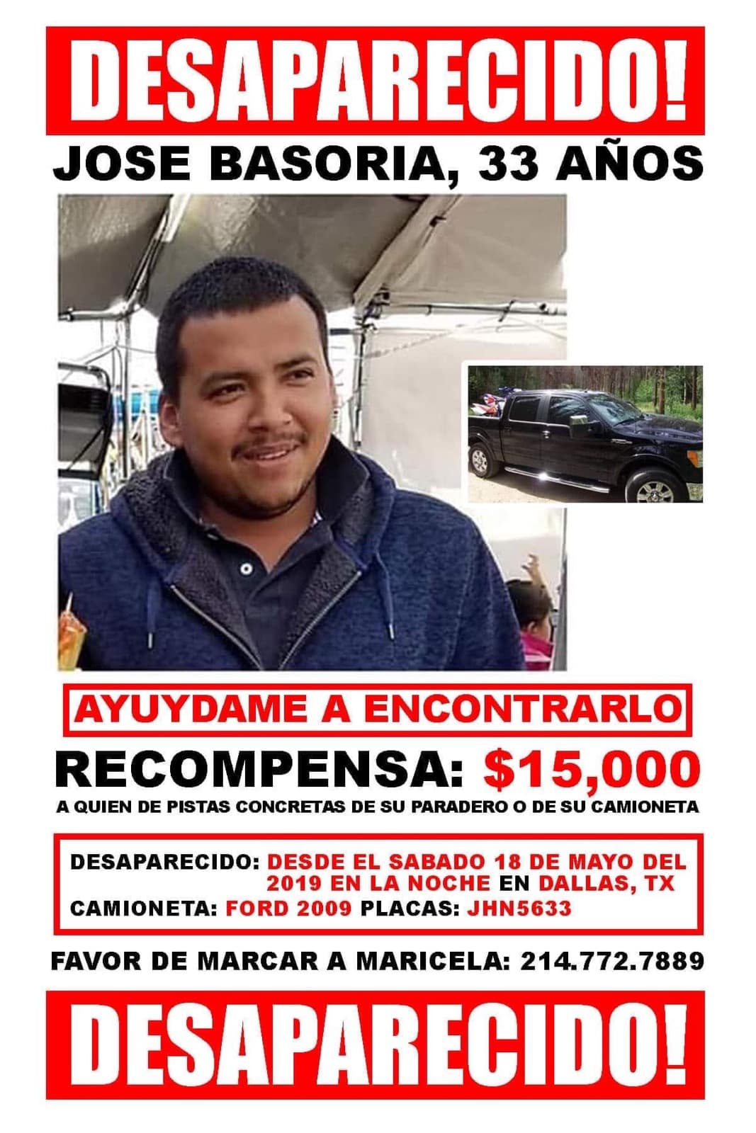 <a href="https://www.univision.com/local/dallas-kuvn/familia-de-padre-desaparecido-aumenta-recompensa-a-15-mil-dolares">José Basoria</a> se comunicó con su esposa por última vez el domingo 19 de mayo a las 3:00 am por mensaje de texto diciéndole que pronto llegaba a la casa. Pero nunca llego.