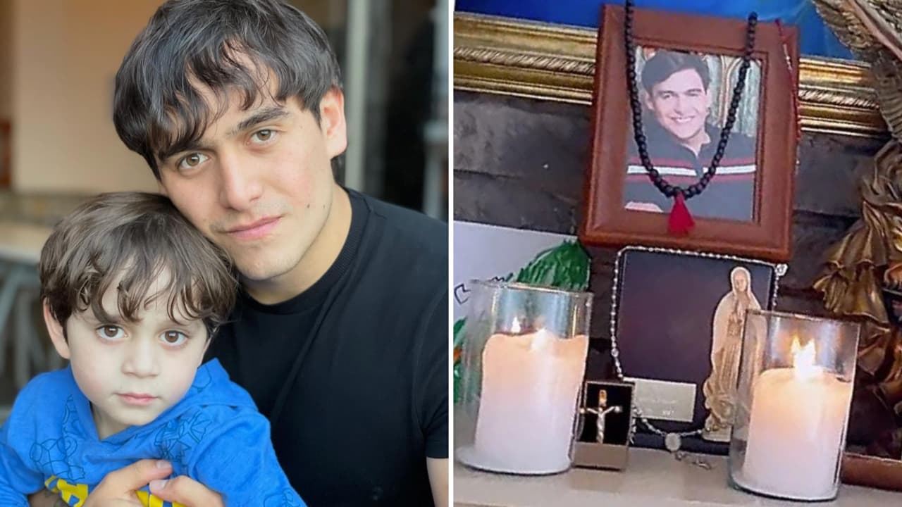 El pequeño José Julián "le habla" a las cenizas de su difunto padre.