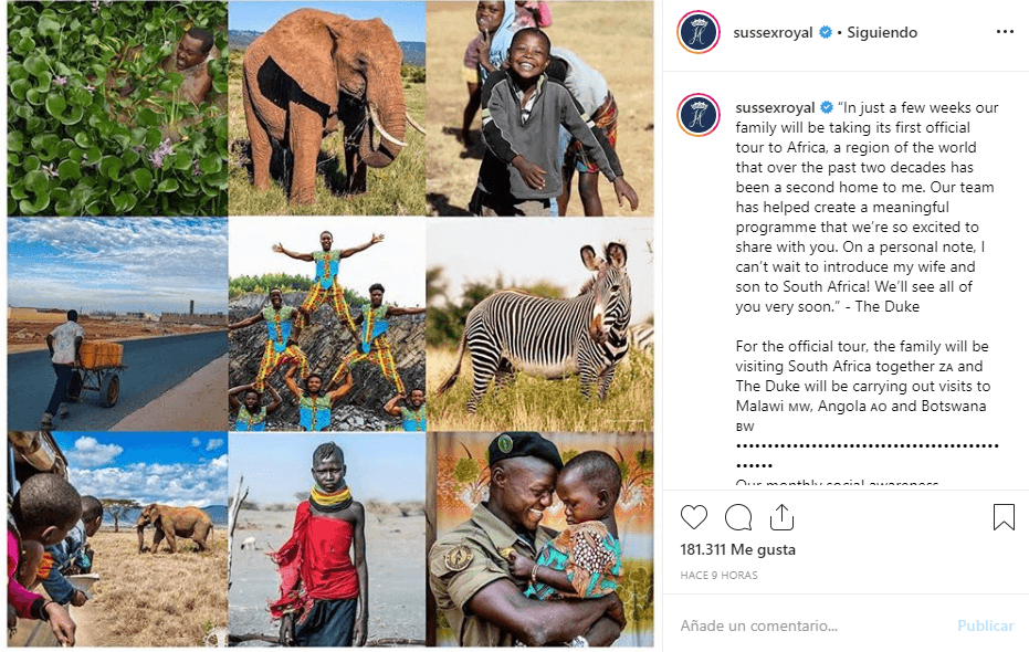 “En unas semanas nuestra familia realizará su primera visita oficial a África, una región del mundo que durante las pasadas dos décadas ha sido 
<b><a href="https://www.univision.com/famosos/esto-es-lo-que-sabemos-de-la-mudanza-de-meghan-markle-el-principe-harry-y-su-bebe-a-africa-fotos">un segundo hogar para mí</a></b>” , señaló el príncipe Harry su mensaje.