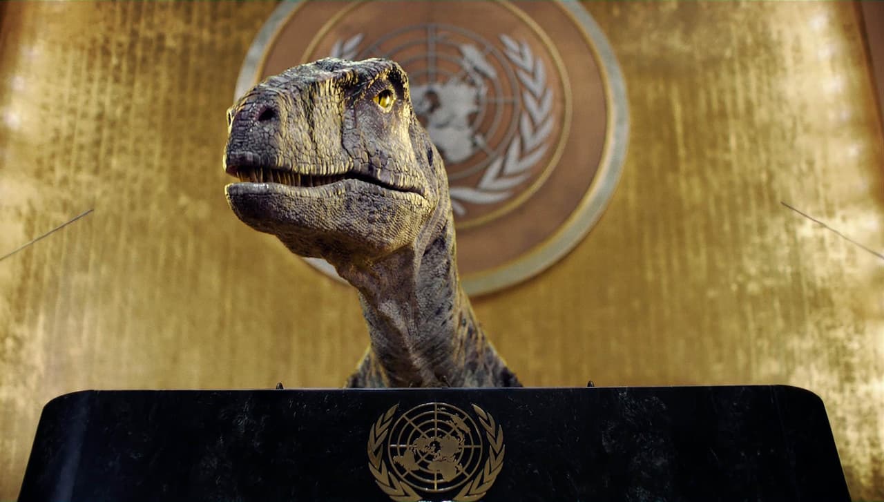 Un dinosaurio habla ante la ONU y lanza alerta global sobre la extinción de la humanidad
