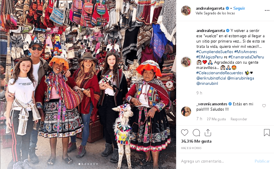 Esta vez, la familia de artistas tomó las maletas para viajar hasta Perú, donde están disfrutando de increíbles paisajes y exquisitos platillos. Así lo ha presumido la conductora en 
<a href="https://www.instagram.com/andrealegarreta/" target="_blank">Instagram</a>.