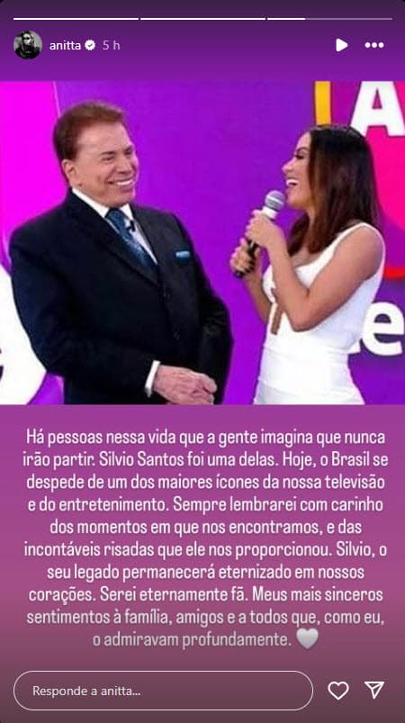 Anitta lamenta la muerte de Silvio Santos.