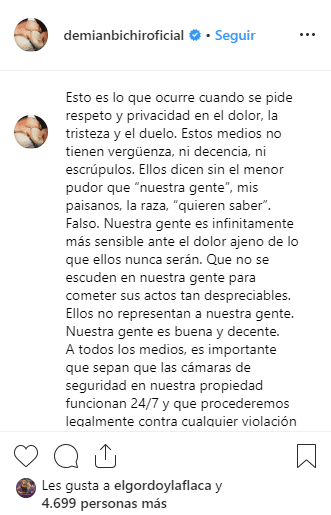 "A todos los medios, es importante que sepan que las cámaras de seguridad en nuestra propiedad funcionan 24/7 y que procederemos legalmente contra cualquier violación a nuestra privacidad" comentó en Instagram.