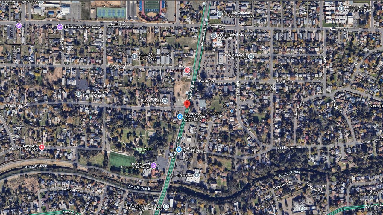 <b>Los Robles Blvd y Marysville Blvd</b>: Ubicada cerca de Hagginwood Park, presenta un número elevado de accidentes con víctimas que sufrieron lesiones de diversa gravedad.