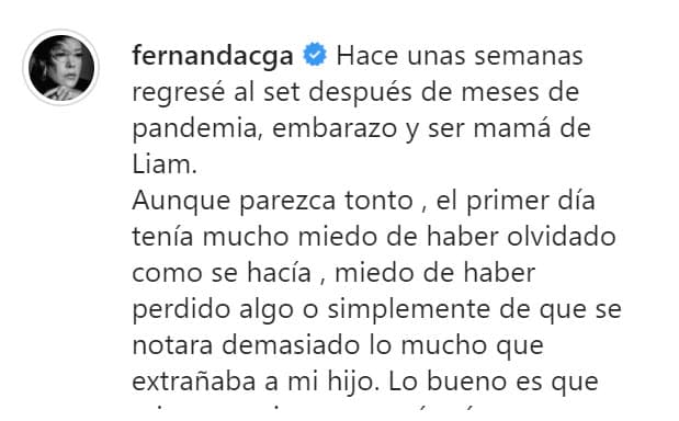 "
<b><a href="https://www.instagram.com/p/COxv_w_lROe/" target="_blank">Regresé al set después de meses de pandemia</a></b>, embarazo y ser mamá de Liam", escribió en un largo mensaje en su cuenta de Instagram, en donde compartió algunas imágenes de la cinta. 
<br>