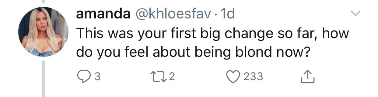 Por otro lado, la misma seguidora que cuestionó a Khloé sobre el cabello de Kendall le preguntó lo siguiente a la modelo: "Esta es la primera vez que te haces un gran cambio ¿cómo te sientes de ser rubia?"