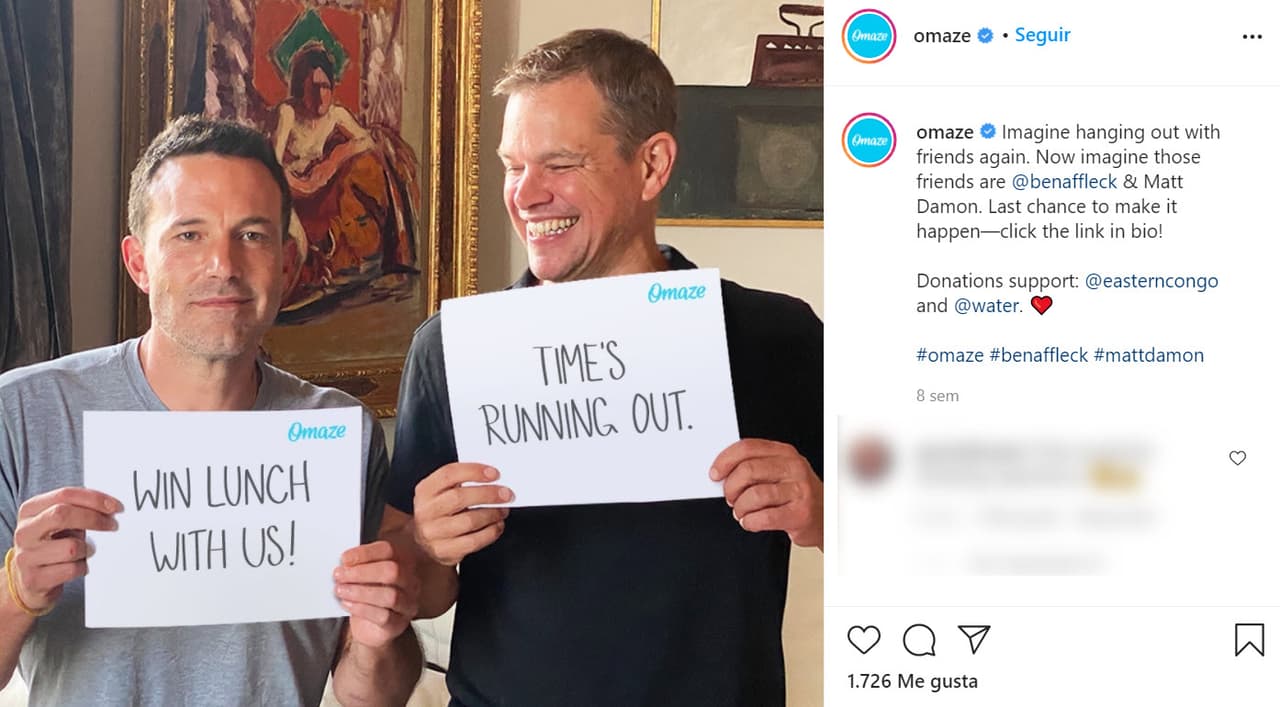 Ahí, 
<b><a href="https://www.instagram.com/p/CGqCFb6ova_/" target="_blank">apareció al lado de su gran amigo Matt Damon</a></b> y juntos invitaron a los seguidores de la organización a participar en un concurso en el que el premio era comer con ellos.