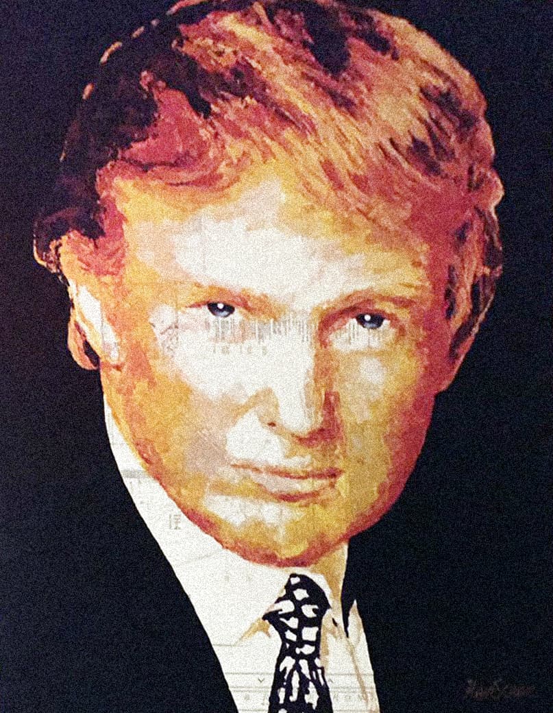 Retrato de Donald J. Trump de cuatro pies, que su fundación compró con 10,000 dólares de donativos y que sigue colgado en la entrada del Champion's Sports Bar & Grill del magnate.