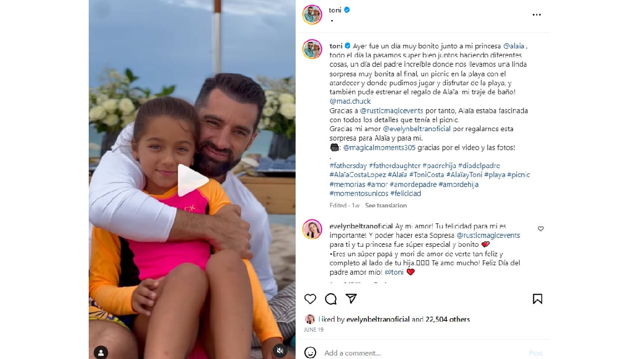 Evelyn Beltrán le organizó un picnic a Toni Costa para que celebrara el Día del Padre con Alaïa.