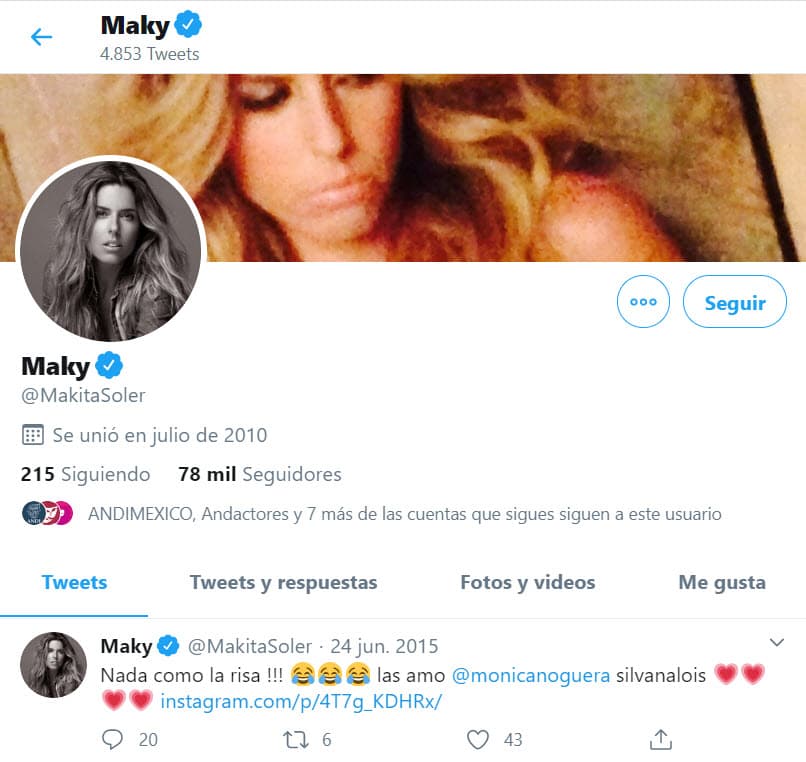 En Twitter sucede algo similar. El nombre editable con el que aparecen sus tuits solo está como Maky. Sin embargo, la cuenta con la que fue dada de alta, y que no es editable de manera manual, 
<b><a href="https://twitter.com/makitasoler?lang=es" target="_blank">sigue con el apellido Soler</a></b>. Ahí, su última publicación es de junio del año 2015. 
<br>