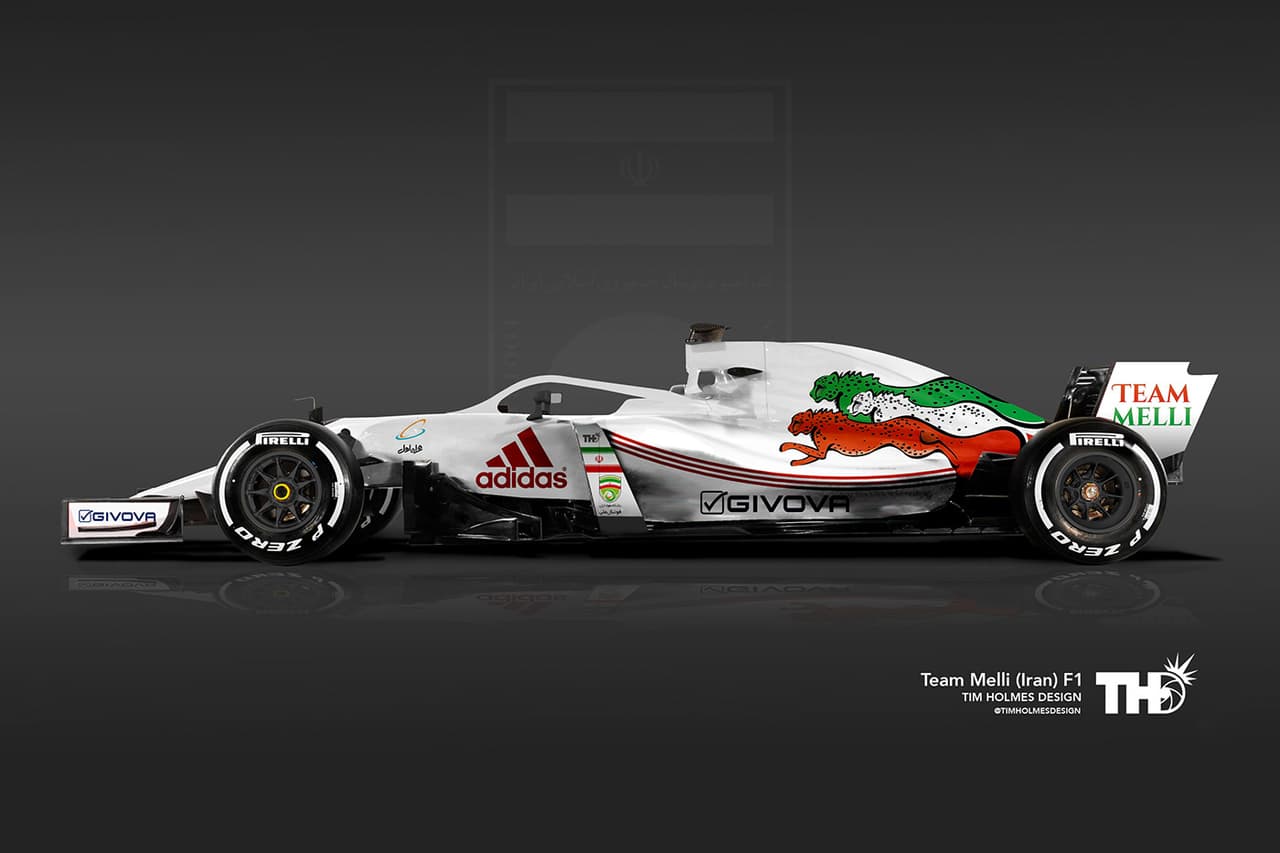 <b>Irán</b>
<br>En el monoplaza de la selección persa destacan los tres leopardos iraníes en posición de salto, cada uno en diferente color (verde, blanco y rojo). Este animal es muy representativo de la cultura de Irán y también está impreso en la camiseta del equipo en este mundial.
<br>Jugador: No está dedicado a ningún jugador de dicha selección.