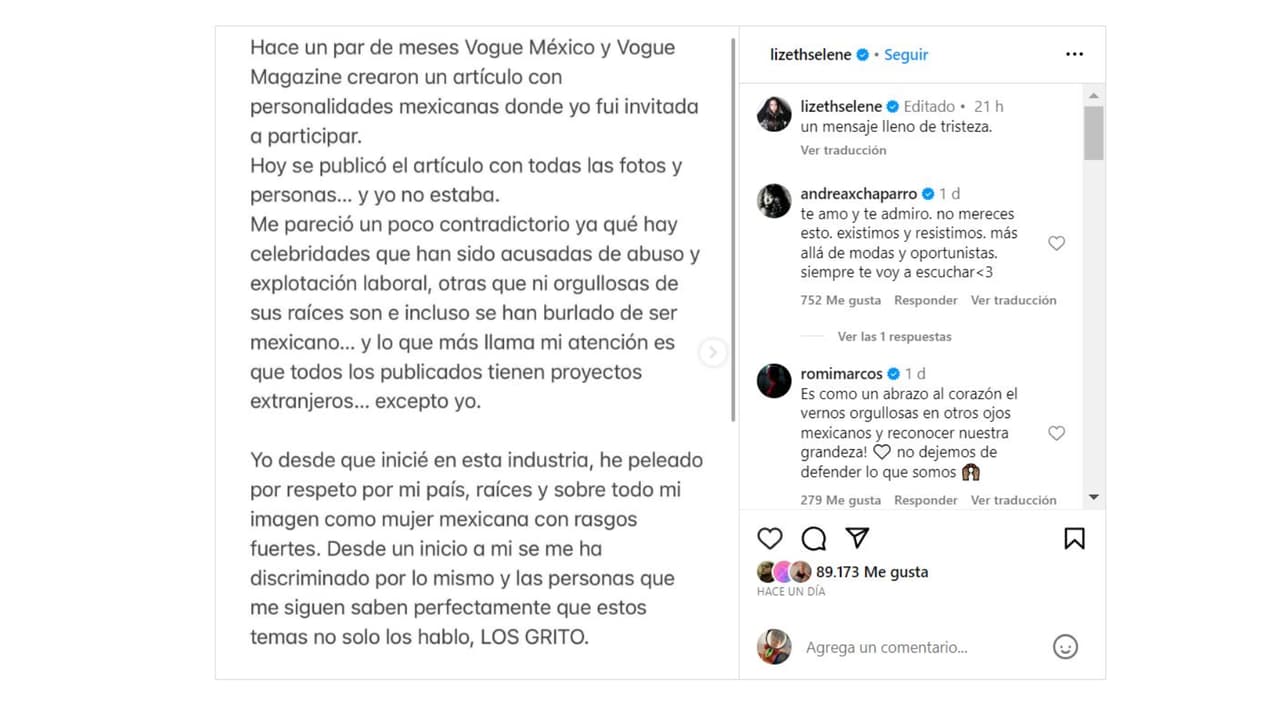 Lizeth Selene acusa a Vogue de discriminación.