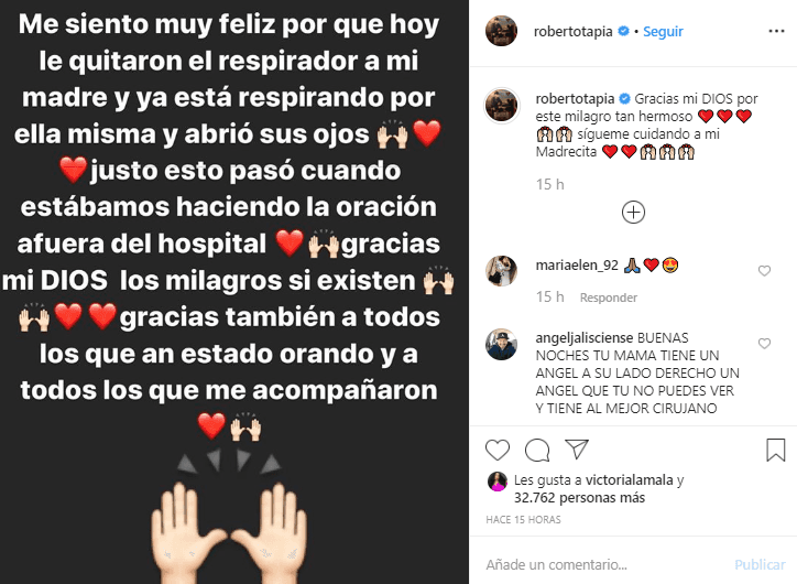 En una publicación que compartió el lunes por la noche en Instagram, el intérprete de 'Te voy a olvidar' se dijo feliz porque a su madre le habían retirado el respirador artificial y "abrió sus ojos".