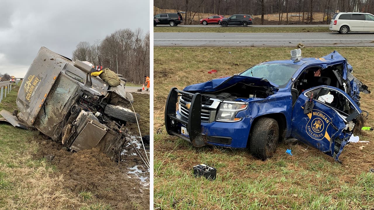 En video: policía estatal de Michigan resulta herido en choque con tráiler