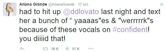 “Tuve que contactar a @ddlovato ayer y decirle muchos ‘yaaaaas’ y ‘werrrk’ por esos vocales en #Confident”.