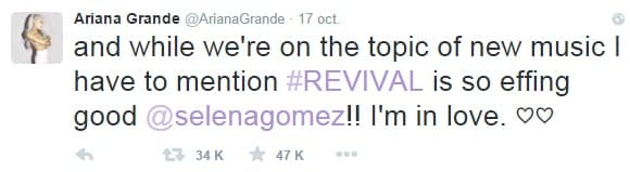 “Y ya que hablamos del tema, tengo que mencionar que #REVIVAL es maravilloso. @SelenaGomez estoy enamorada”.