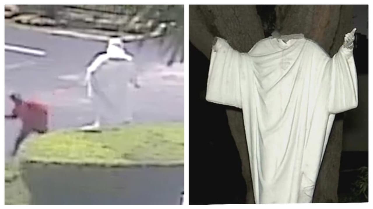 Captado en cámara el momento cuando decapitan la estatua de Jesús en una iglesia de Miami Shores