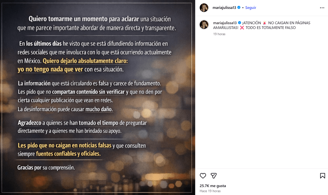 María Julissa publicó este comunicado.