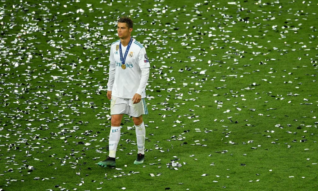 KIEV, UKRAINE - MAY 26: Cristiano Ronaldo of Real Madrid reacts following the UEFA Champions League Final between Real Madrid and Liverpool at NSC Olimpiyskiy Stadium on May 26, 2018 in Kiev, Ukraine. (Photo by Mike Hewitt/Getty Images)