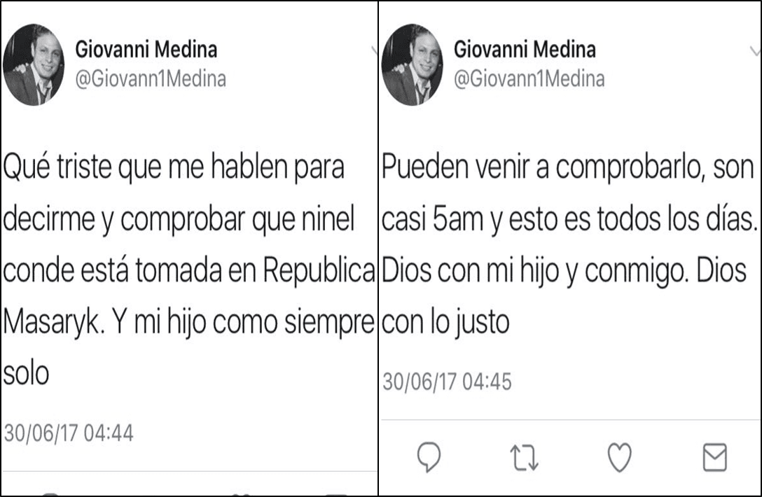 Giovanni Medina acusa a Ninel Conde de dejar a su hijo solo para irse a tomar a los bares. Imagen tomada de los mensajes antes de su eliminación.