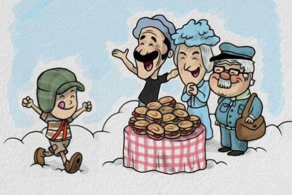 Algunos otros, en la misma metáfora del cielo, plasman a El Chavo con Don Ramón, Jaimito el cartero y La bruja del 71, recibiéndolo con muchas tortas de jamón, las más anheladas por él. (Fotografía tomada de Twitter)