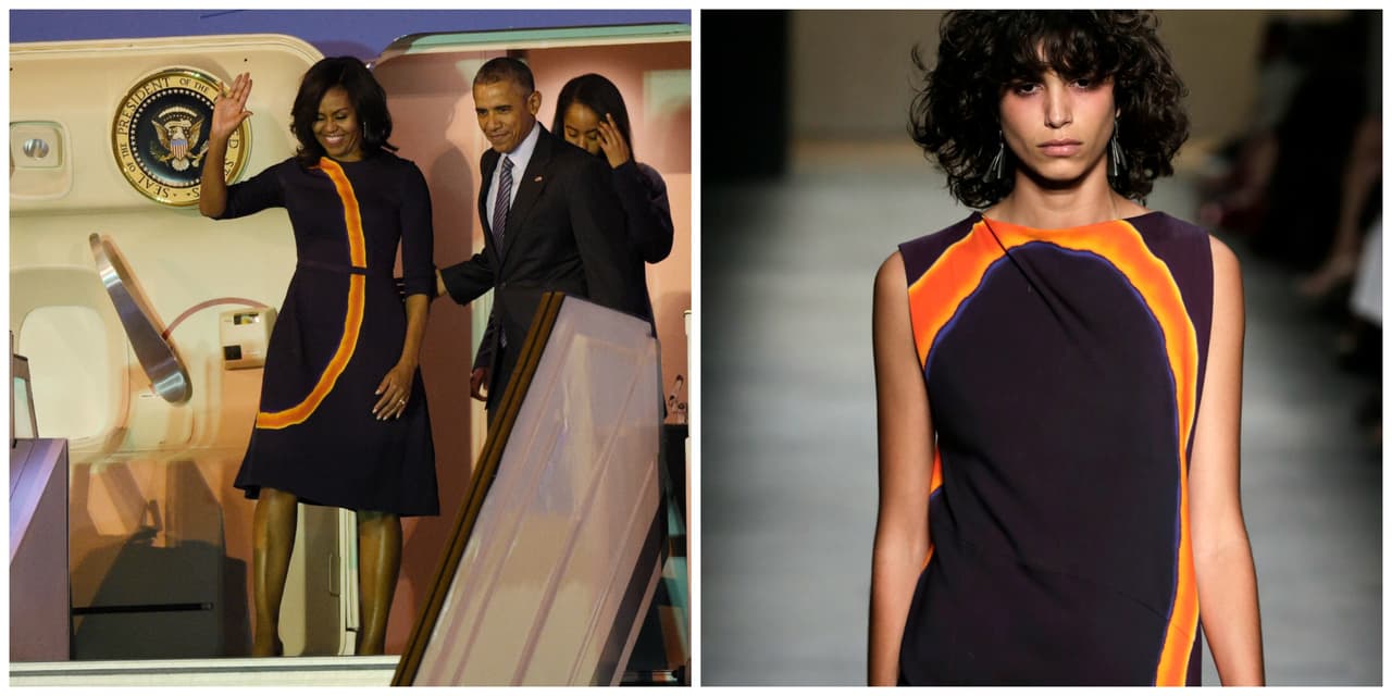 Finalmente, Michelle Obama usó un vestido del cubanoamericano Narciso Rodriguez, no en Cuba, como se esperaba, sino para su llegada a Argentina. El vestido azul oscuro con un vibrante arco naranja de la colección primavera 2016 fue modificado en las mangas para ajustarse a las demandas de Michelle.