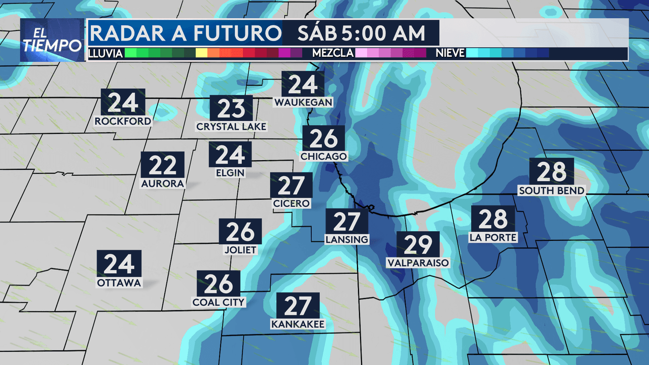 El sábado a las 5:00 am todavía veremos algo de nieve, pero no en todas las zonas. Por ejemplo, ahora South Bend y La Porte podrán registrar más precipitación a estas horas.
