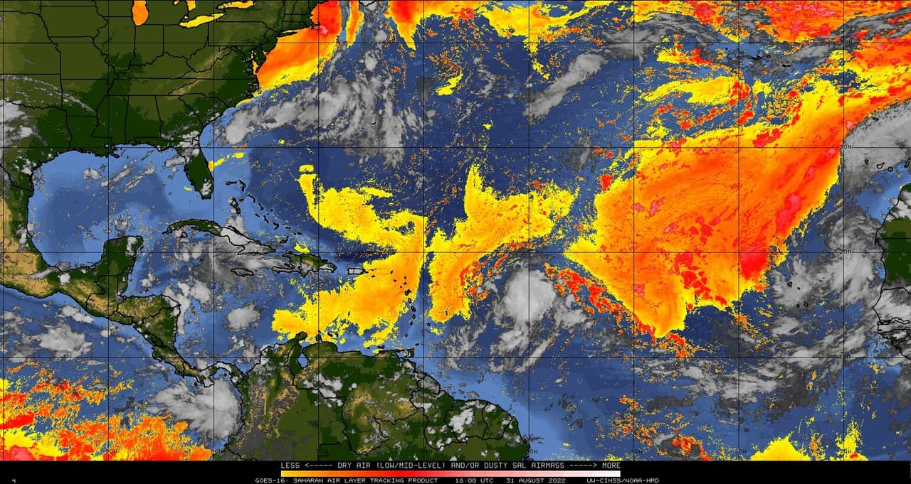 Este gráfico muestra una capa de aire de baja humedad procedente del desierto del Sáhara que se desplaza sobre el corredor atlántico donde suelen formarse las tormentas (en amarillo y naranja).