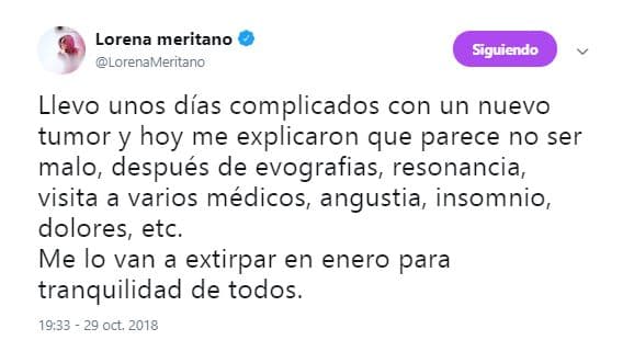 La noticia la dio a conocer a través de Twitter, donde la argentina refirió que dicho tumor sería extraído en enero de 2019.