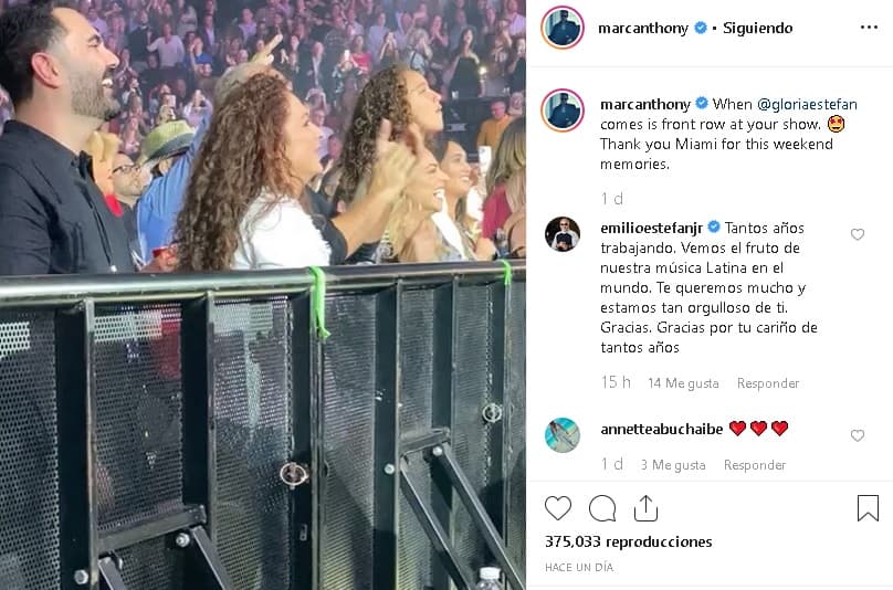 Sarita no fue la única personalidad en el concierto de Marc Anthony. El cantante también 
<b><a href="https://www.instagram.com/p/B5QUq0cFYhv/" target="_blank">publicó un video</a></b> en el que se aprecia a Gloria Estefan y a su esposo Emilio en primera fila.