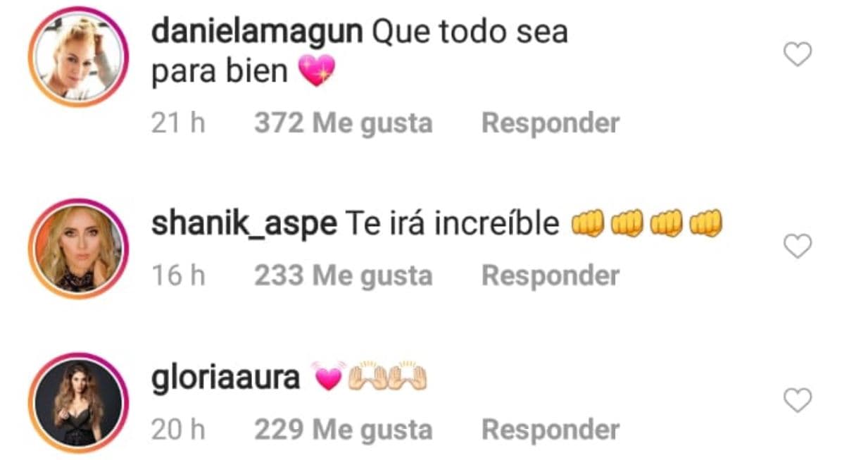 Entre las amigas que de manera inmediata respondieron a la publicación de Geraldine, están 
<b>Daniela Magún integrante de Kabah, la conductora Shanik Aspe y la actriz Gloria Aura</b> con quien estudió actuación.