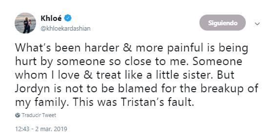 "Lo que ha sido más difícil y más doloroso es ser lastimado por alguien tan cercano a mí (Jordyn Woods). Alguien a quien amo y trato como una hermanita [...]", comentó.
<br>