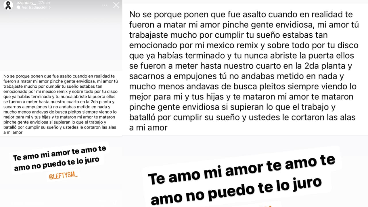 Este es el mensaje que la esposa de Lefty SM publicó en Instagram y en el que relata que los presuntos asesinos subieron a la habitación en que ella estaba con el cantante para matarlo.