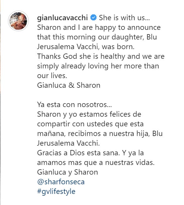 "Ya está con nosotros... Sharon y yo estamos felices de compartir con ustedes que esta mañana, recibimos a nuestra hija, Blu Jerusalema Vacchi. Gracias a Dios está sana. Y ya la amamos más que a nuestras vidas", compartió el también dj de 53 años. 
<br>