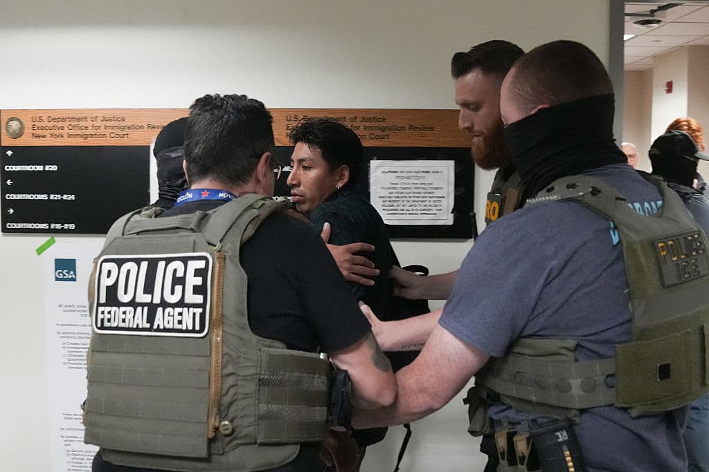 El 27 de junio de 2025, agentes de ICE detienen a un inmigrante en el Federal Plaza Courthouse en Nueva York tras sus procedimientos legales. Las detenciones, duplicadas en 38 estados según UC Berkeley, reflejan tácticas anónimas de ICE que preocupan a defensores de migrantes. (Foto por Bryan R. SMITH/AFP via Getty Images)
<br>