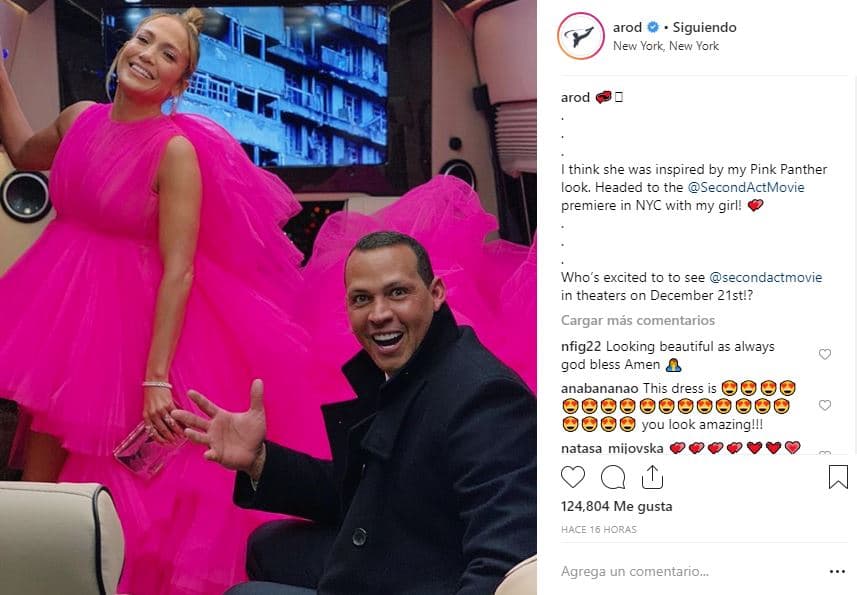 “Creo que ella se inspiró en mi look de la Pantera Rosa. ¡Rumbo al estreno de ‘Second Act’ en Nueva York con mi chica! 💕 ¿Quién está emocionado por verla en los cines a partir del 21 de diciembre?”.
<br>