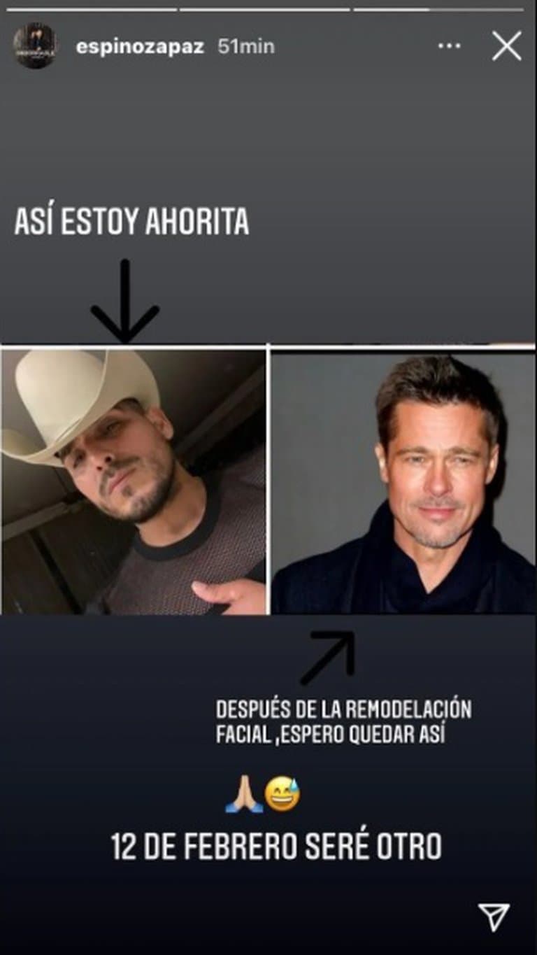 Además, también publicó en sus historias una foto de él como se ve ahora y aseguró que a partir del 12 de febrero, se verá como Brad Pitt.