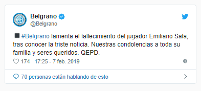 El club Belgrano de Córdoba manifestó su pesar en su cuenta oficial.