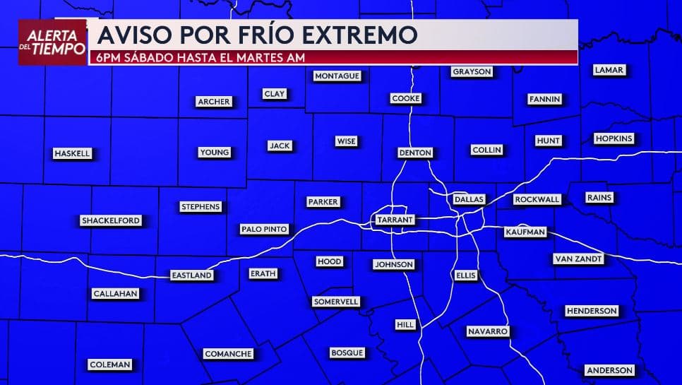 El
<b> Aviso por Frío Extremo comienza el sábado a las 6PM, </b>pero permanece hasta el martes por la mañana. Este aviso se emitió por temperaturas peligrosas con 
<b>sensaciones térmicas de entre los -5°F (-20°C) y 10°F (-12°C)</b>